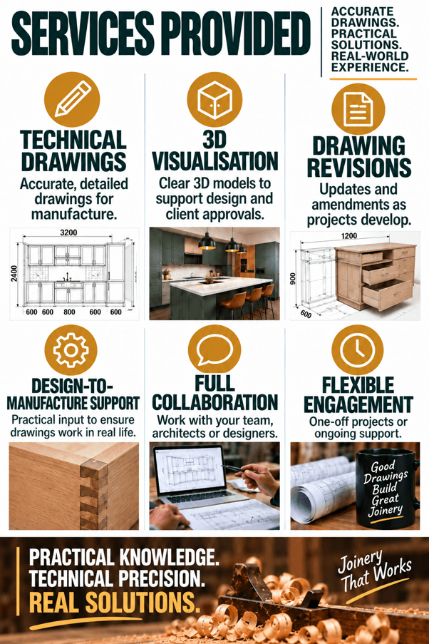Joinery CAD services: technical drawings, 3D kitchen visualisation, and production details