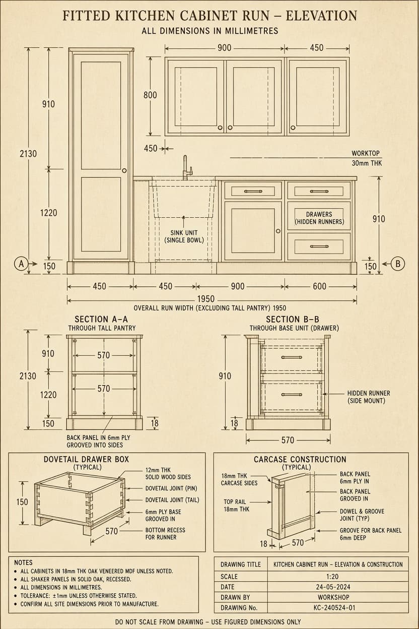 Technical CAD drawing of a fitted kitchen cabinet run with manufacturing dimensions