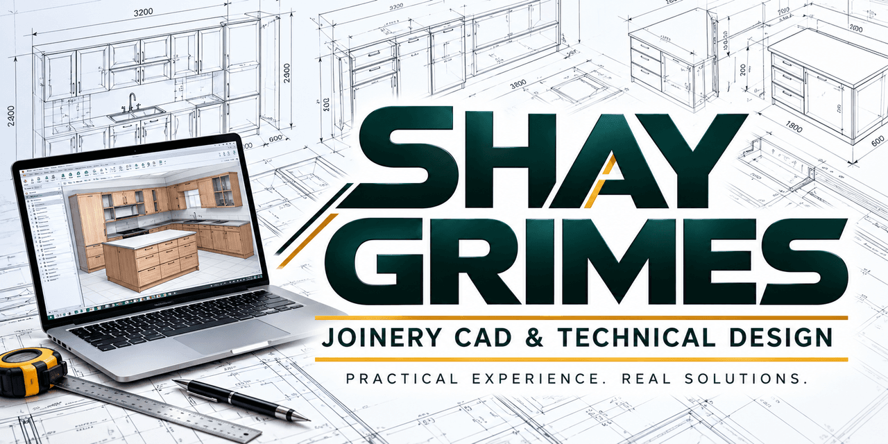 Shay Grimes joinery CAD lockup over kitchen cabinet drawings and a 3D kitchen model